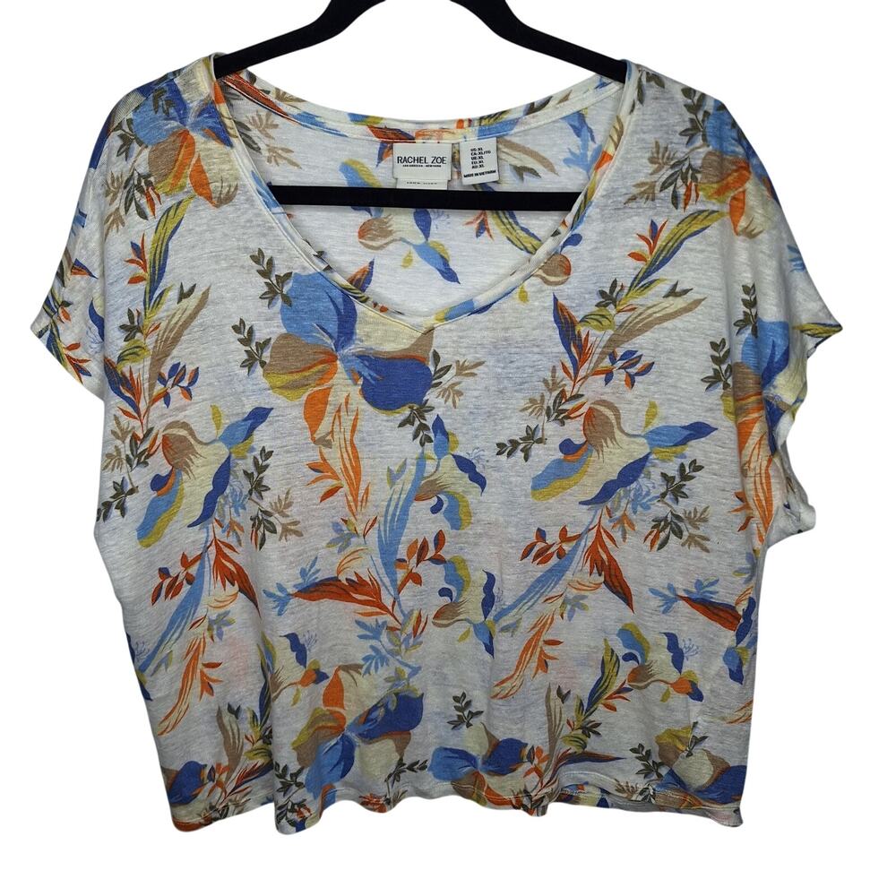 Rachel Zoe Linen T-shirt XL V-neck Short Sleeve Floral Boxy Beach Tropical